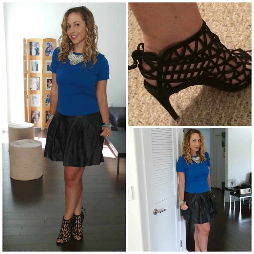 Outfit of the day black leather skirt and cobalt top