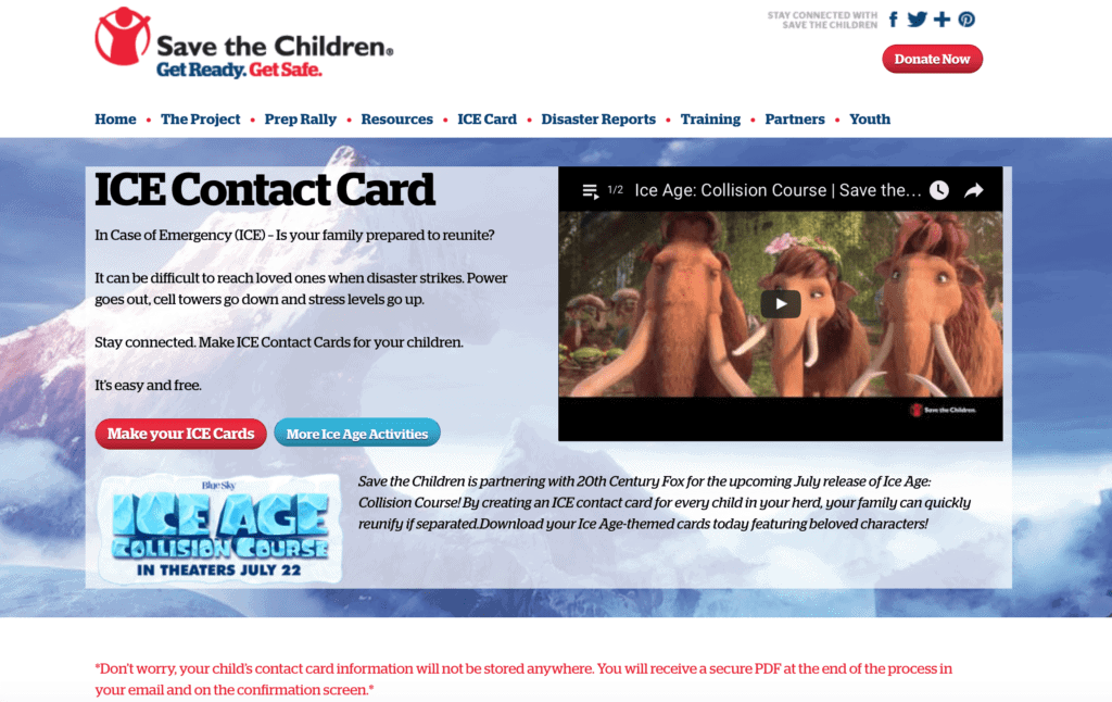 Save the Children ICE Contact Card To prepare for Emergency