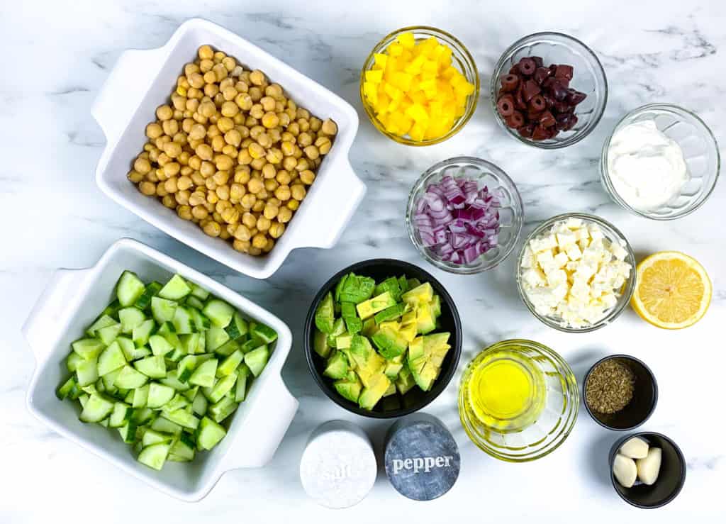 Healthy avocado, chickpeas, feta, and cucumber salad recipe