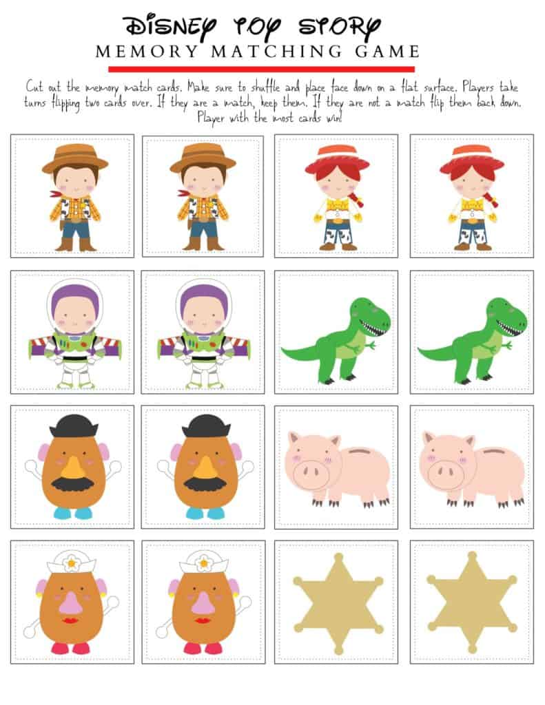 This printable Toy Story memory game features 8 of your favorite characters and includes 16 memory cards to play with.