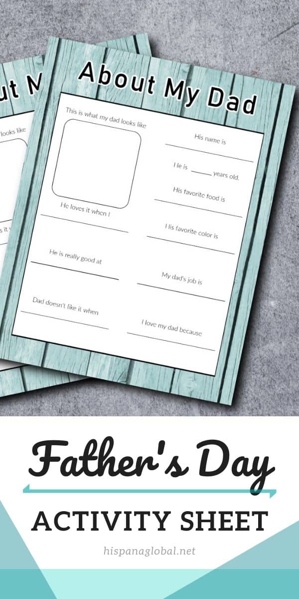 Teal Father's Day printable activity sheet called About My Dad