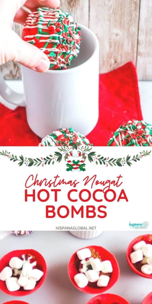 These are the most festive hot cocoa bombs you can make at home. They have hot chooclate, marshmallows, and nougat to create a delightful explosion of flavor and color.