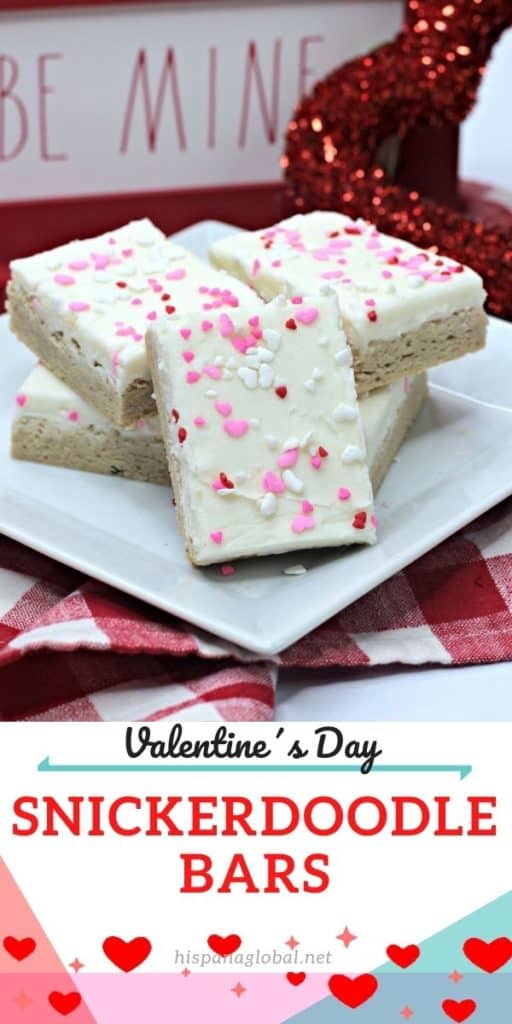 These yummy Valentine's Day snickerdoodle bars with cream cheese frosting are a huge hit with kids and grown ups.