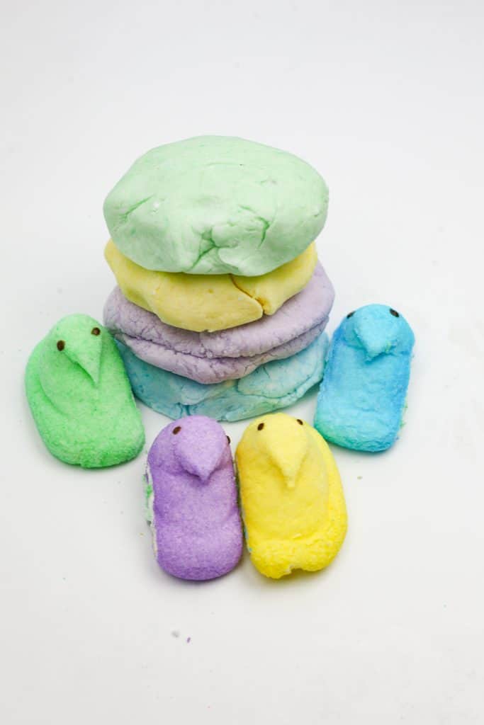 Peeps playdough is a fun and easy 3 ingredient fun dough perfect for Easter. This edible playdough recipe is that will provide hours of fun for children!