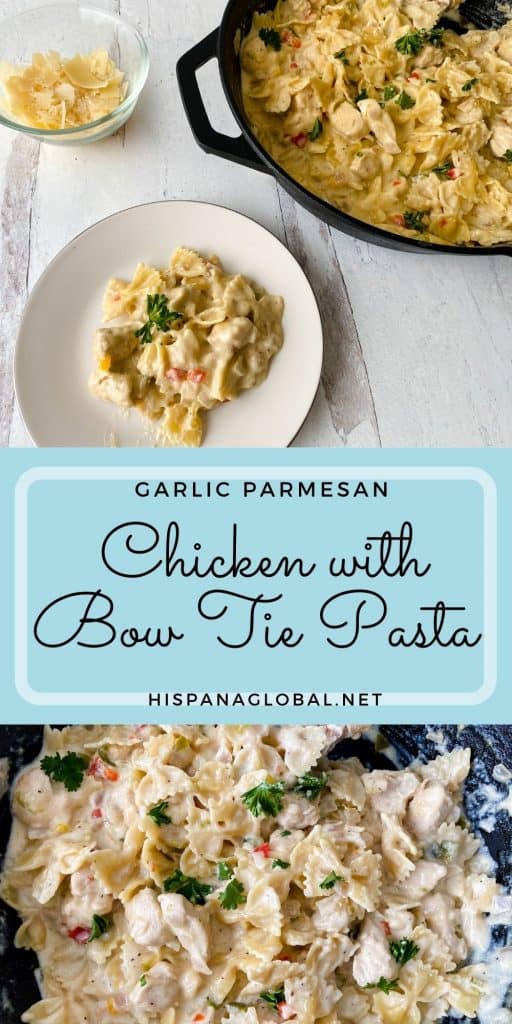 This garlic parmesan chicken is the perfect dinner recipe. The side of bow tie pasta is also delicious and easy to make.