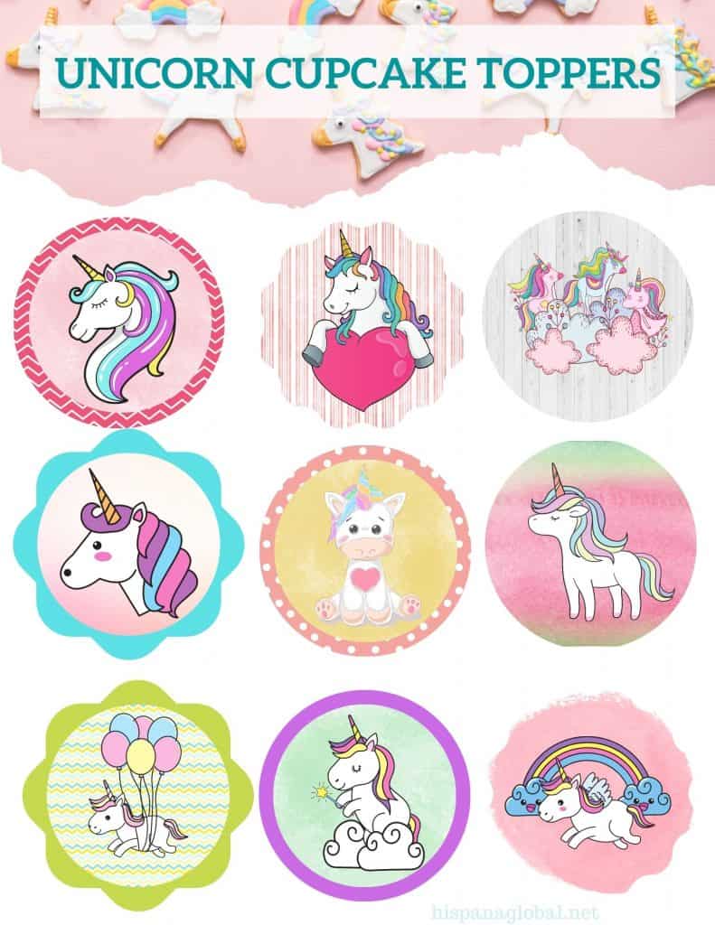 Free printable unicorn cupcake toppers, set of 9