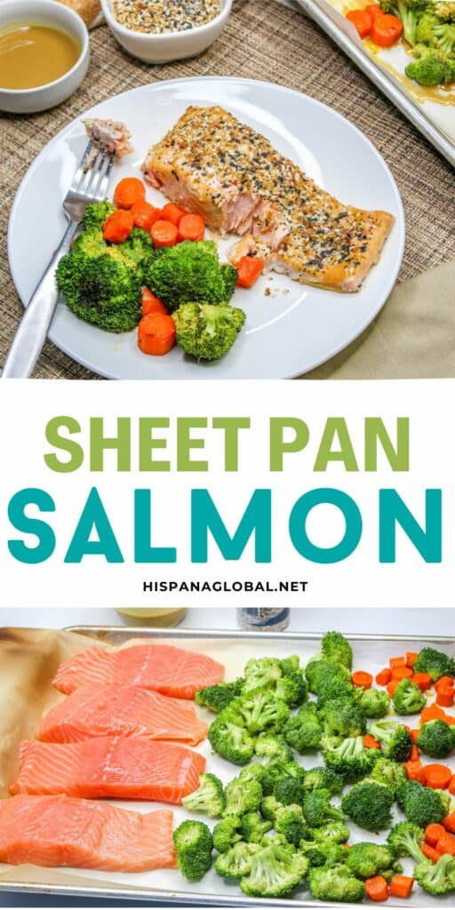 Healthy and delicious, this sheet pan salmon dinner is super easy to make.